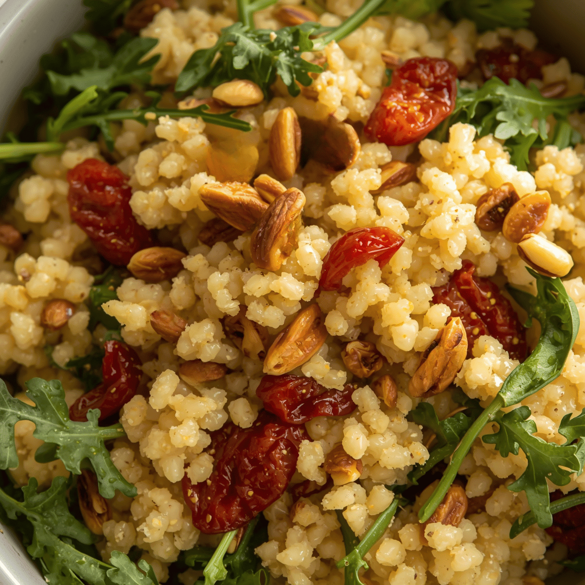 Hirse mit getrockneten Tomaten, Ruccula und Pinienkernen vermischt.