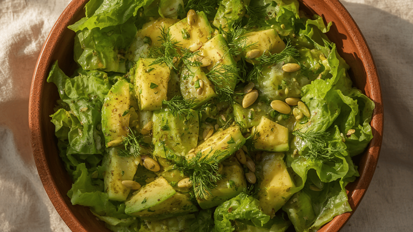 Grüner Sommersalat mit Avocado, Gurke